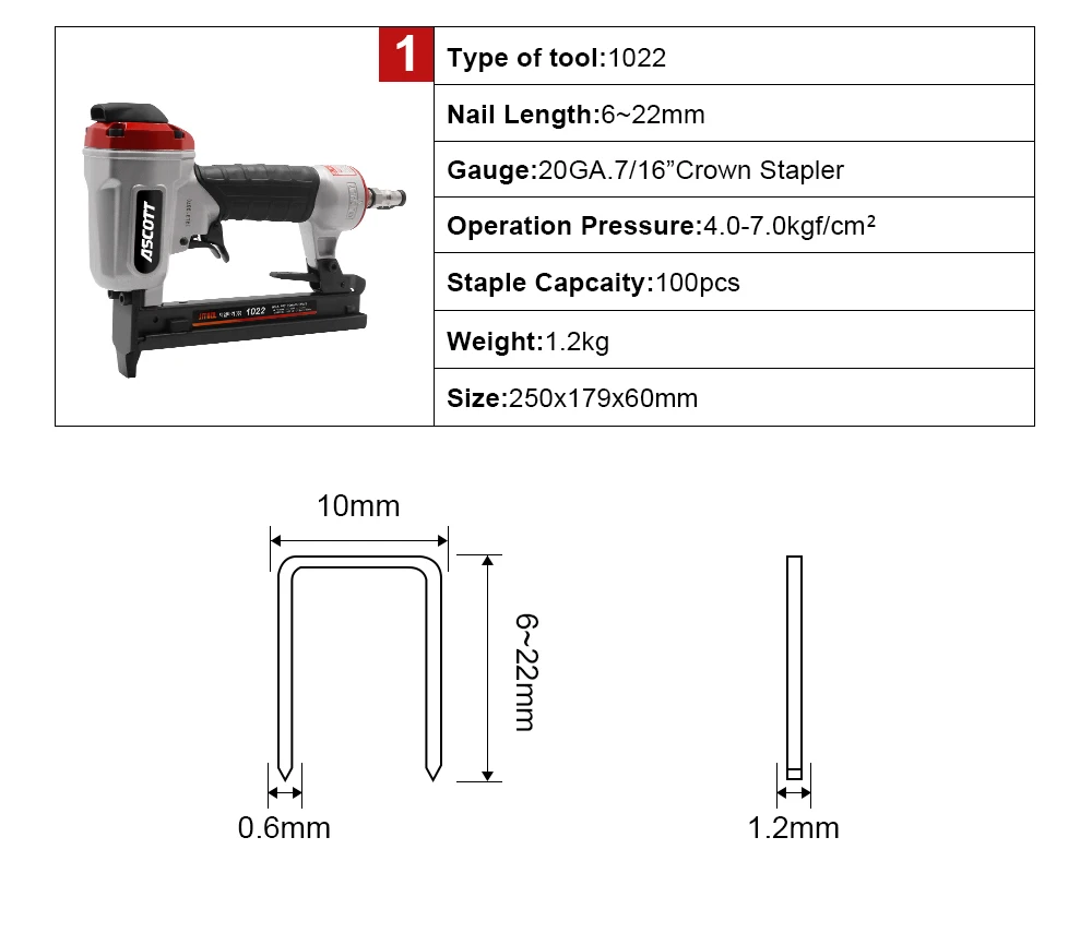 20GA 6-22MM Pneumatic Nailers Nail Gun Upholstery Air Stapler 1022J Stapler Gun Pneumatic Air Stapler