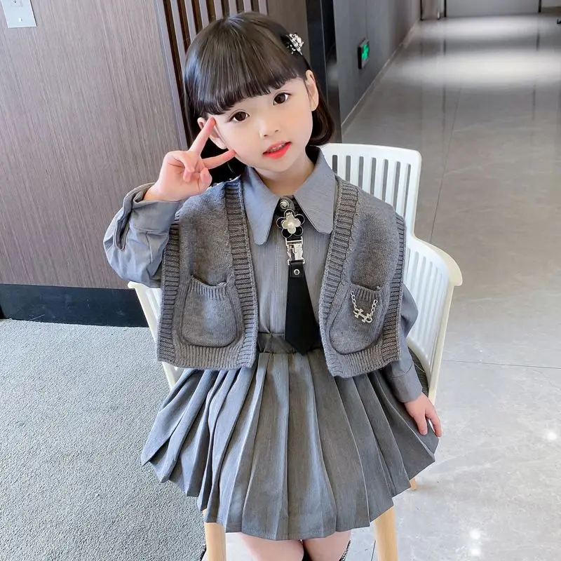 

Elegance Spring Autumn Childent Coat Girls Knit Sweater Vest+Long sleeve Shirt +Pleated Short Skirt 3Pcs Princess Suits Uniform