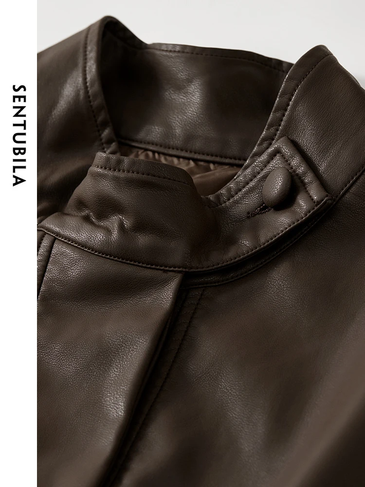 SENTUBILA Women Solid Pu Leather Jackets Autumn Retro Casual Draw Rope Cropped Motorbike Jackets Cool Windproof OutwearW43G56875