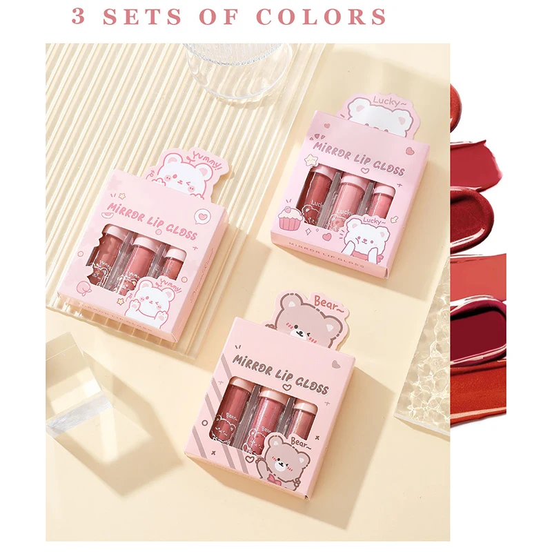 3 pz/set Lip Gloss Glass con lucidalabbra idratante e perla come lustro Cartoon Set Box con labbra scintillanti