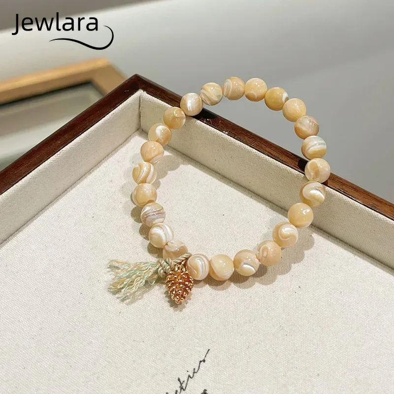 JEWLARA Jewelry Shell Beads Bracelet, Horseshoe Snails, Milk Tea Color Fashion Round Beads DIY Pine Cone Accessories Women