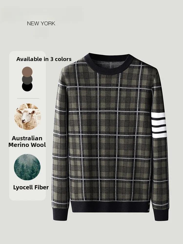 

Шерстяной вязаный свитер мужской с круглым вырезом, весенне-осенний, в клетку, с четырьмя полосками, мужская домашняя одежда с длинным рукавом