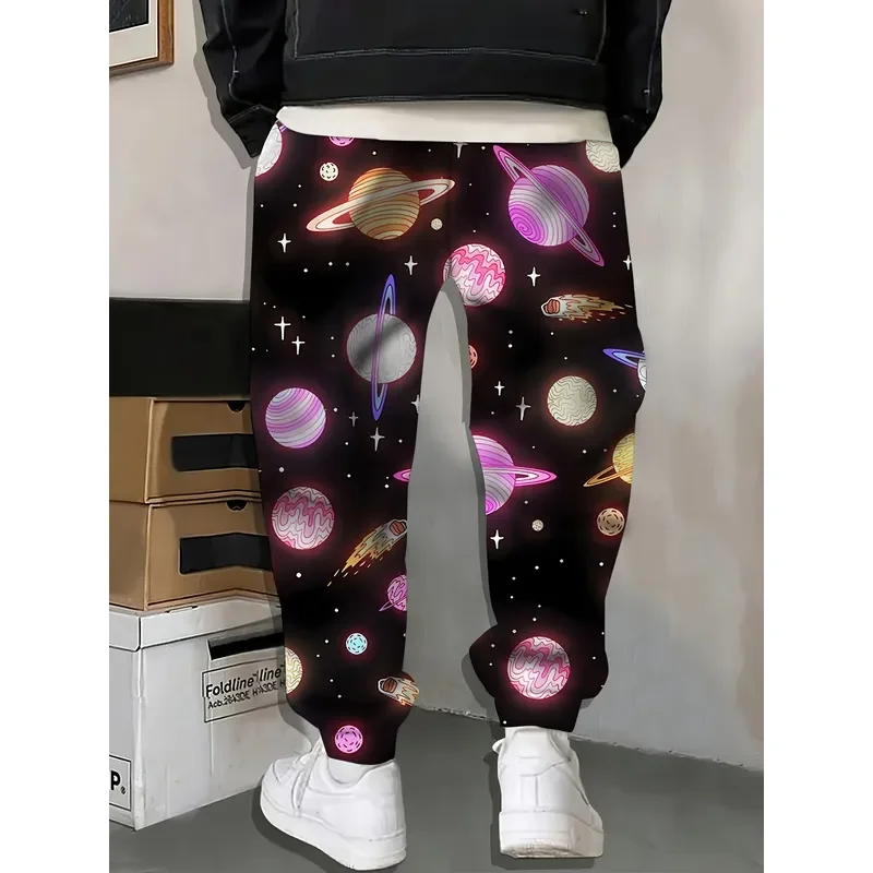 2026 Men 3D Space Planet Print Sweatpants Drawstring Pocket Casual Sports Trousers Comfortable Home Pajama Pants Fashion