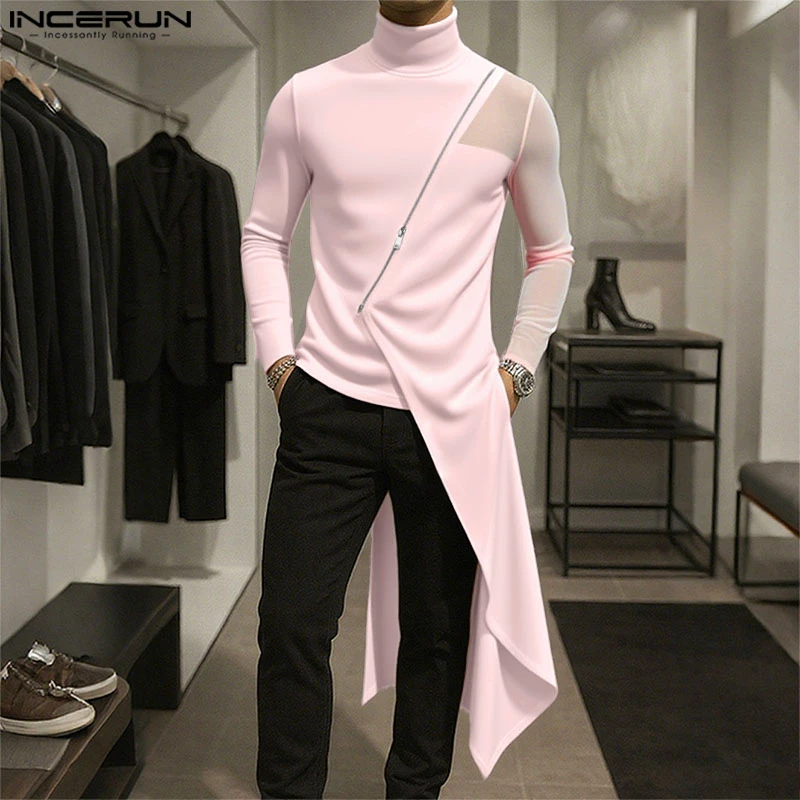 INCERUN Men Irregular T Shirt Mesh Patchwork Turtleneck Long Sleeve Zipper Tee Tops Men Streetwear 2025 See Through Men Clothing
