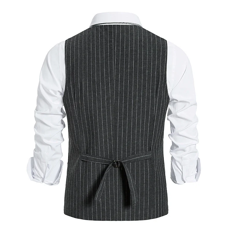 #4840 Vertrical Striped Vests Men V-neck Office Business Vests Single Breasted Vest Regular Fit Men\'s Vest Pockets Black Grey