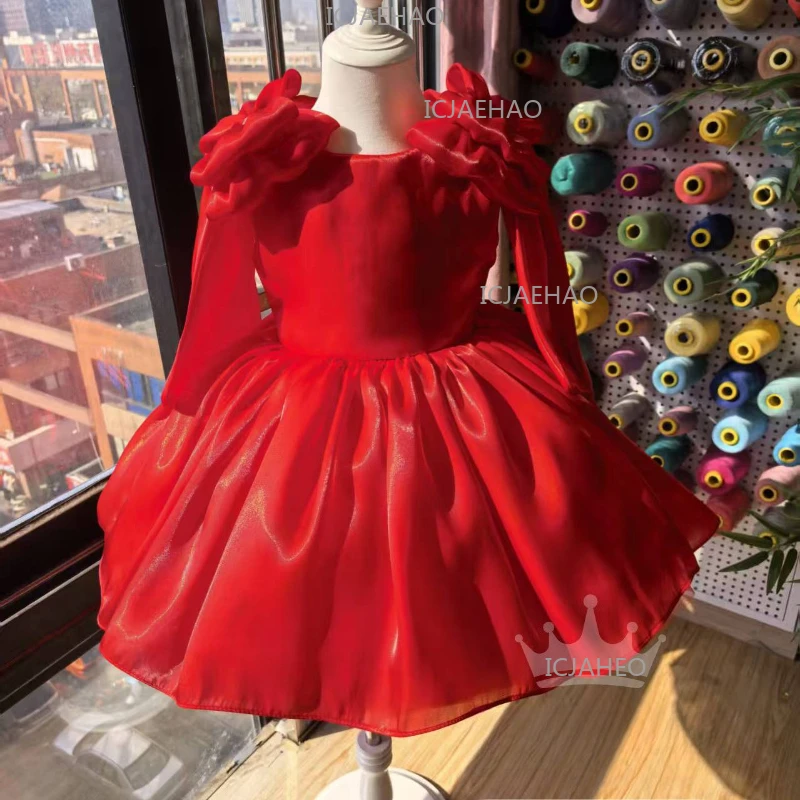 2026 Chinese Red New Girls SimplePageant Formal Party Kids Birthday Celebration Outfit Bow Dress Children Evening Gown Toddler