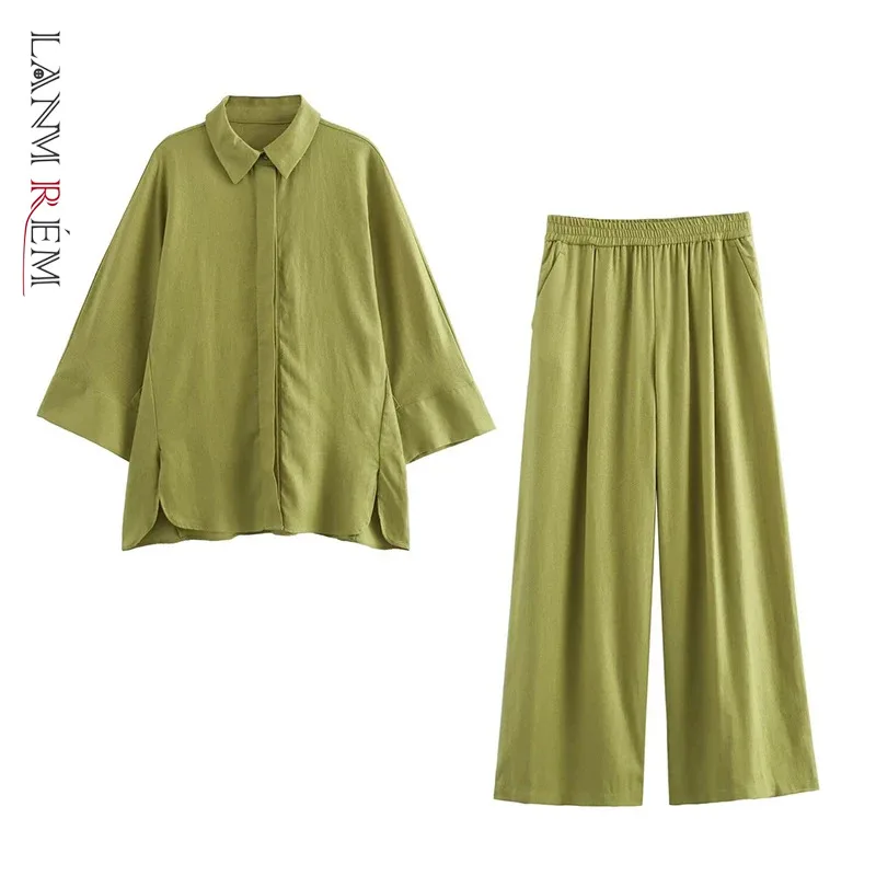 LANMREM Casual Linen 2 Piece Set Women Lapel Shirt Solid Color High Waist Wide Leg Trousers Versatile 2024 New Clothing 32C1340