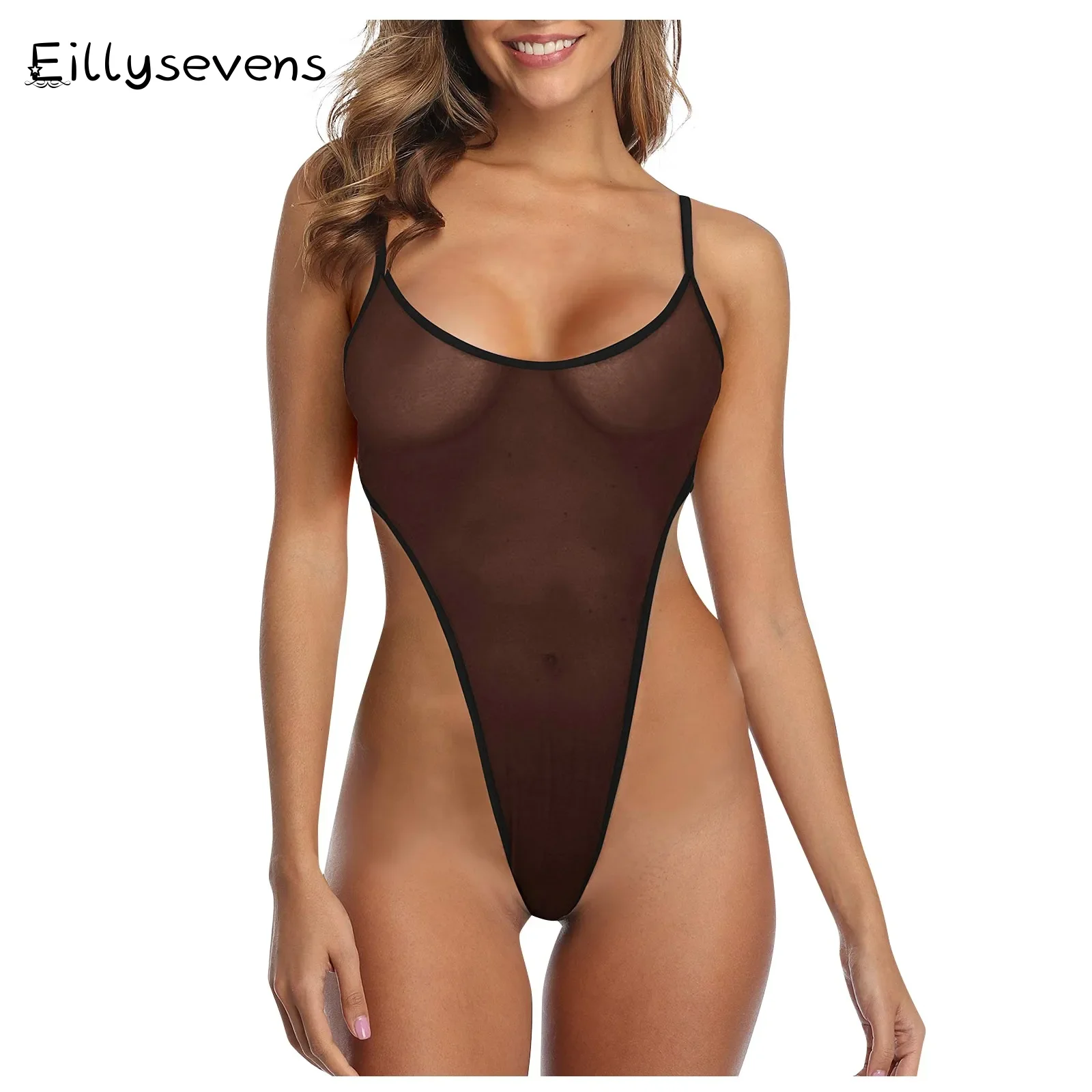 Ladies Sexy Erotic Lingerie Tight High Waist Transparent Mesh Lace Bodysuits Halterneck Backless Lace-Up Strap Open Back Teddies