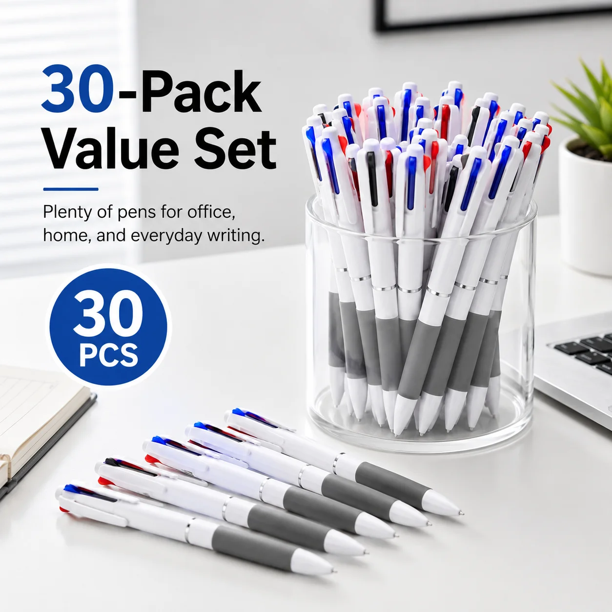 30 Pack 3-Color Retractable Ballpoint Pens, Black Blue Red Ink Multi Color Click Pens with Comfort Soft Grip for Student Office