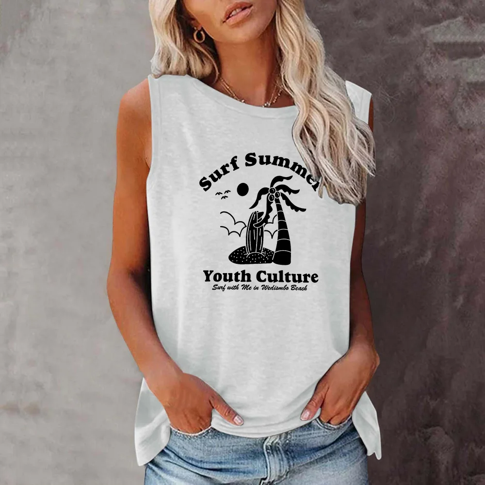 Seeyoushy Surf Summer Youth Culture Print New Fashion Harajuku T-Shirt Women's T Shirt Sleeveless Summer Top Femme O-neck Tees