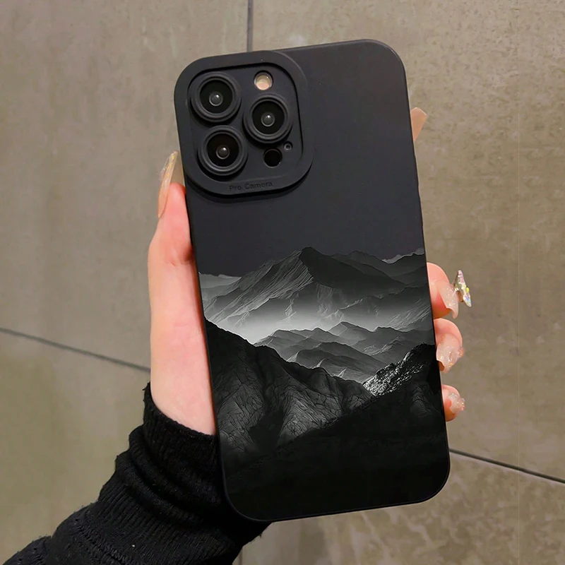 Black Mountain INS Design Phone Case For iPhone 18 17 16 15 14 13 12 11 Pro Max Mini XS XR 7 8 Plus Shockproof Matte Soft Cover