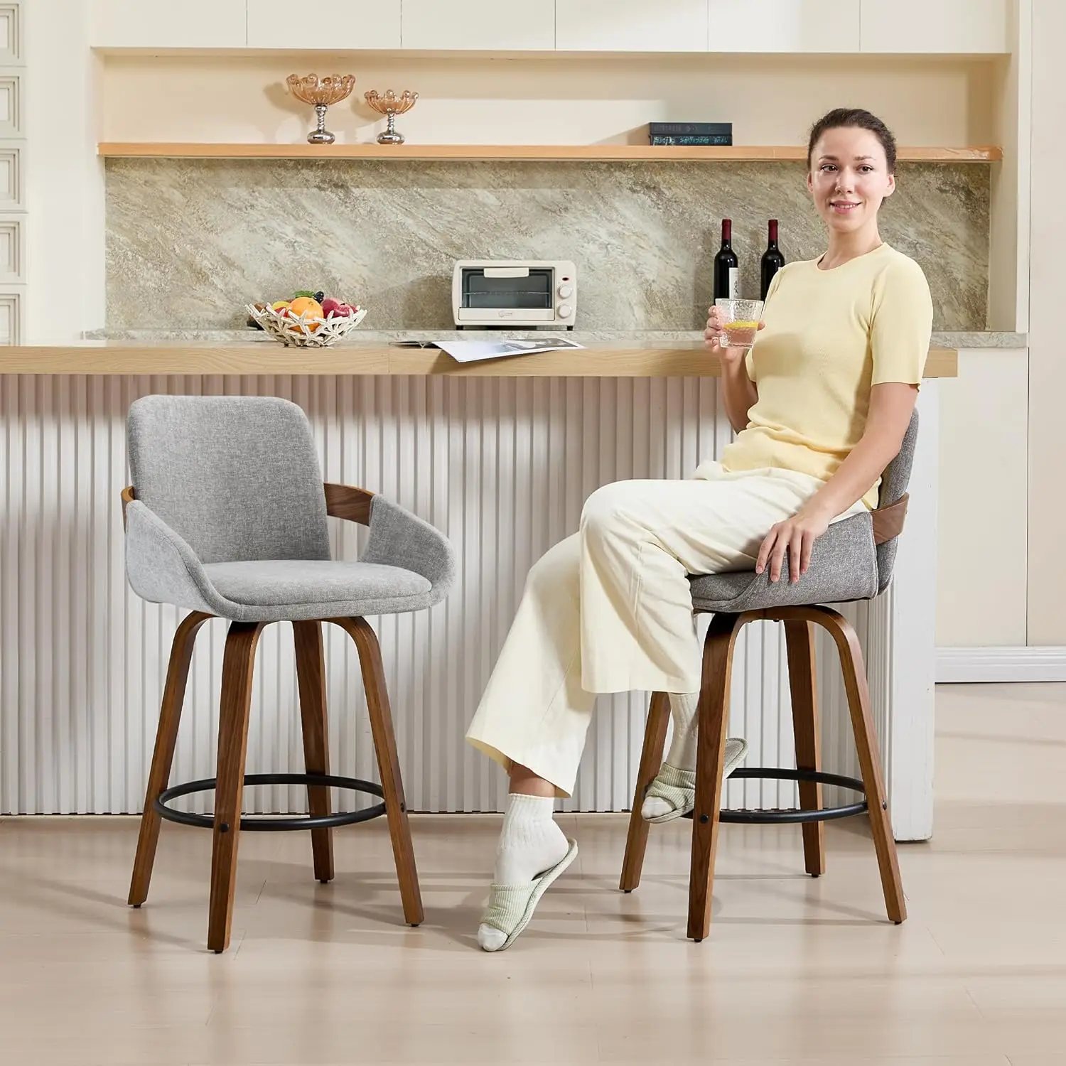 Swivel Bar Stool Set of 2, Fabric High Back Counter Stools with Armrests, 360° Swivel, Walnut Finish - Light Grey