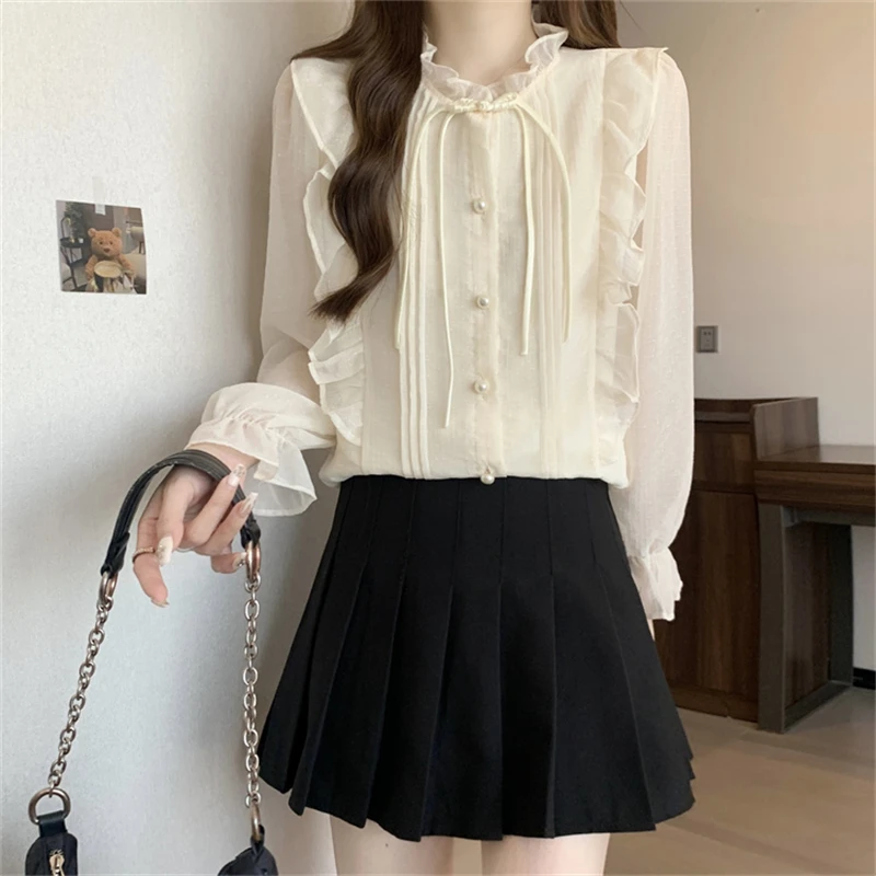 Women\'s Korean Fashion Ruffle Button Up Shirt Fairy Vintage Elegant Long Sleeve Blouse Female Casual Solid Loose Sweet Chic Tops