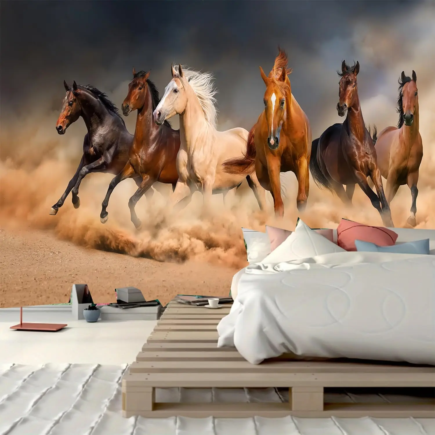 Galloping Horses Tapestry – Lifelike Wild Steeds Running Through Desert, Symbol of Honor & Grace for Home Decor