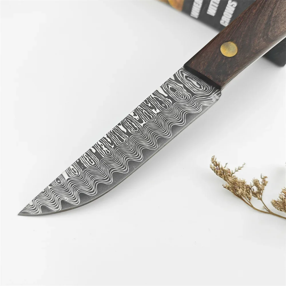 Damascus Pattern Fixed Blade Knife Wooden Handle Outdoor Survival Tactical Knives with Leather Sheath Camping Hunting Tool Gifts