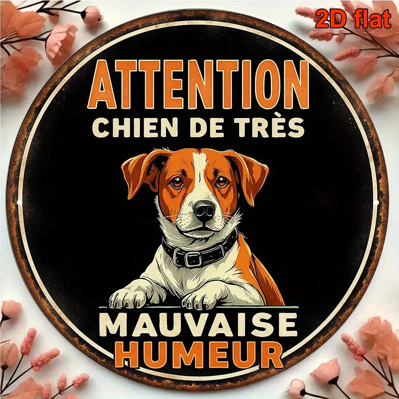 2D Flat - Round Vintage Metal Plaque Featuring a 'Dangerous Dog' Warning Sign with a Jack Russell Terrier Design, Measuring 7.87