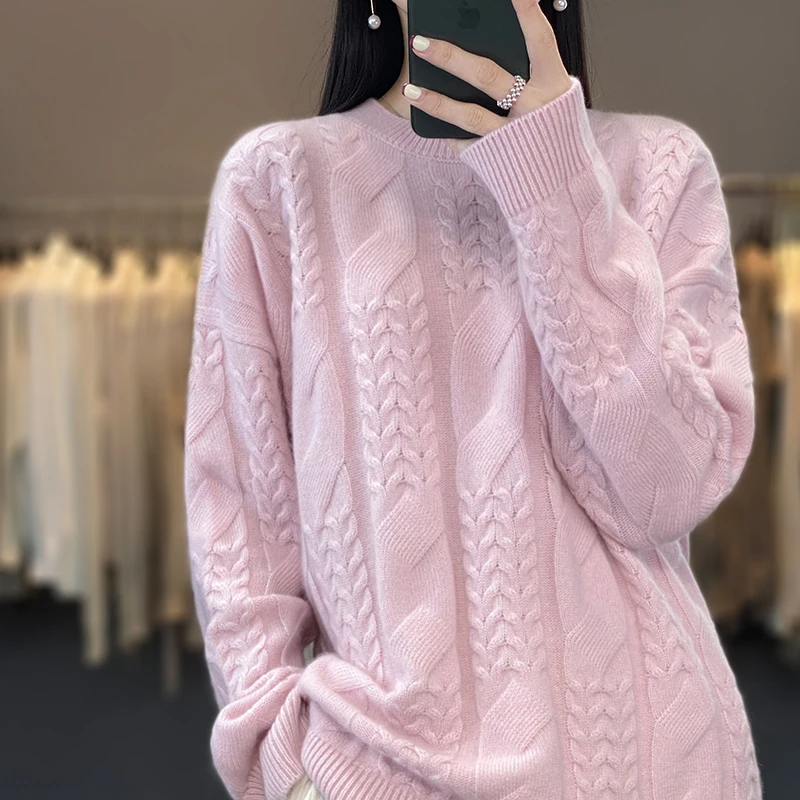 Thick Large size 100% Merino Wool Women's Sweater New Arrival O-Neck Pullover Knitted Twisted Jumper Lady Clothes Fashion Trends