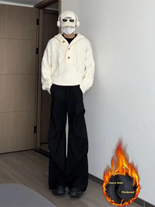 

Bla Fce Lined Casual Men's Pants Flared Thi Warm Straight Leg Autumn Winter Slimming Trousers American Sle Leisure P...