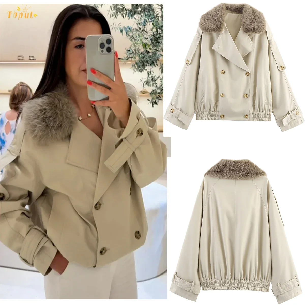 

Winter Women's Detachable Fur Collar Jacket Double-Breasted Trench Coat Loose Long-Sleeved Outerwear Chic High Street Outerwear