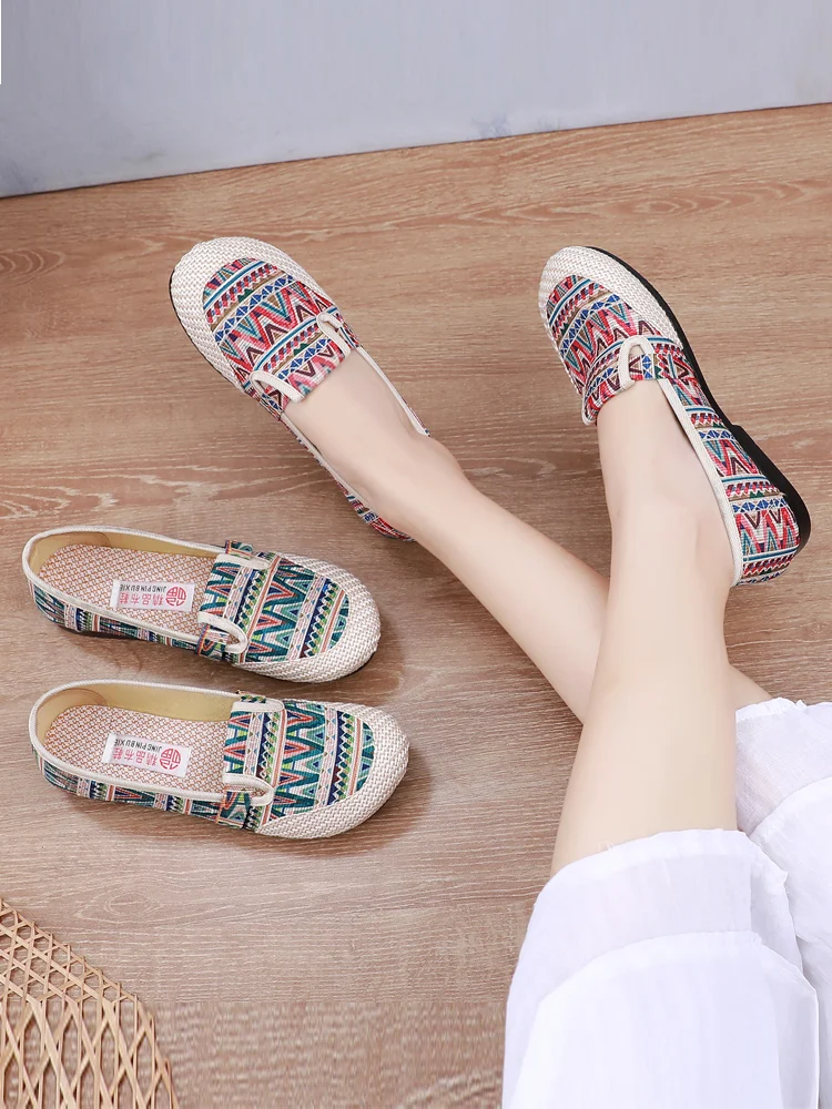 Buty z tkaniny damskie oddychające lniana skórzana kanapa buty z miękką podeszwą w stylu etnicznym buty dla matek