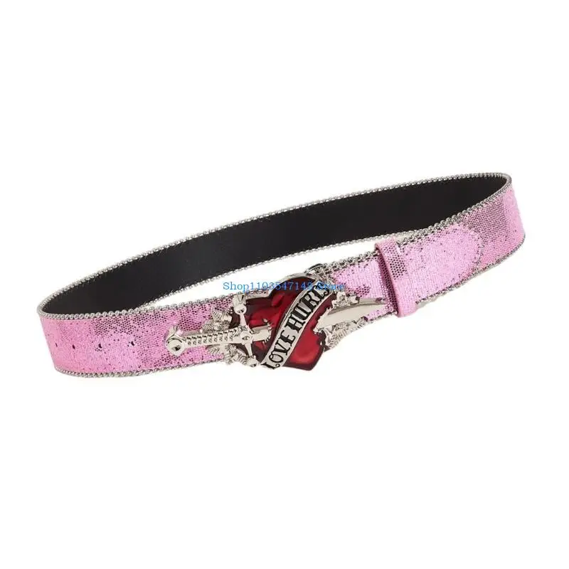 P88B Love Heart Buckle Belt Sequins Waistband Adjustable Waist Belt for Evening Event
