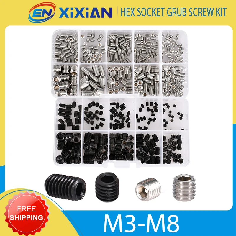 M3-M8 200Pcs Grade 12.9 Black Hexagon And 330Pcs DIN916 Stainless Steel Socket Allen Cup Point  Flat  End Grub Bolt Kit Screw