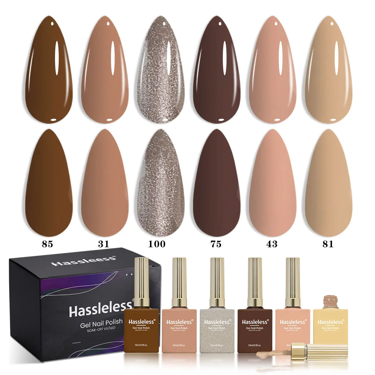 Hassleless 6Pcs Earth-Tone Nail Polish Gel Gift Box Set 15ml Uv Nail Polish Gel Coffee Color Nude Silver Glitter Nail Polish Autumn and Winter Skin-Brightening Nail Set