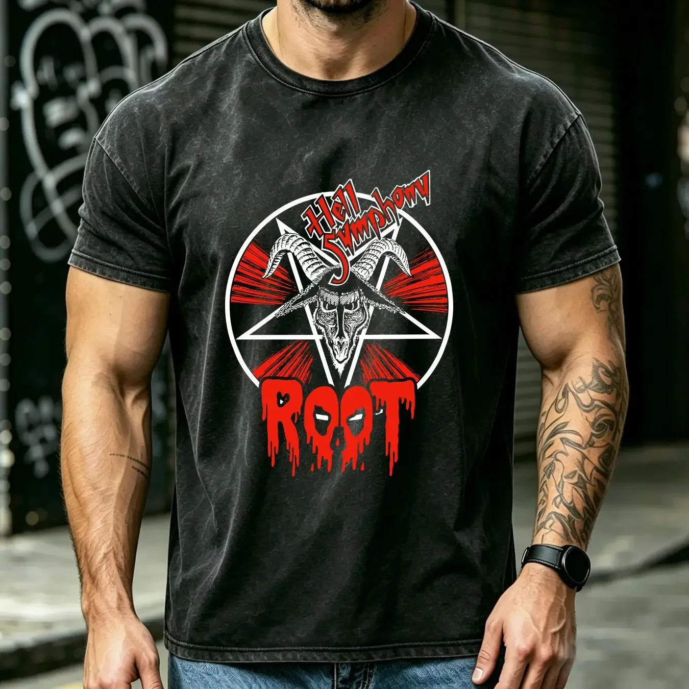 washed T Shirt ROOT Hell Symphony XL Black Mens long or short sleeves vintage Washed graphic streetwear Breathable