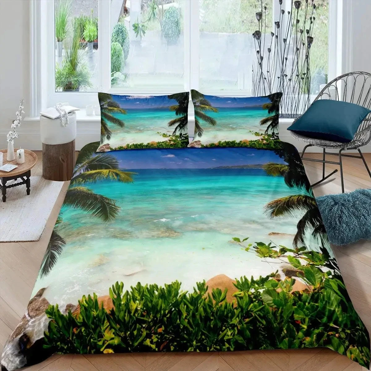 Ocean Theme Beach Duvet Cover Queen King Sunset Tropical Palm Tree Waves Comforter Cover Hawaii Natural Landscape Bedding Set
