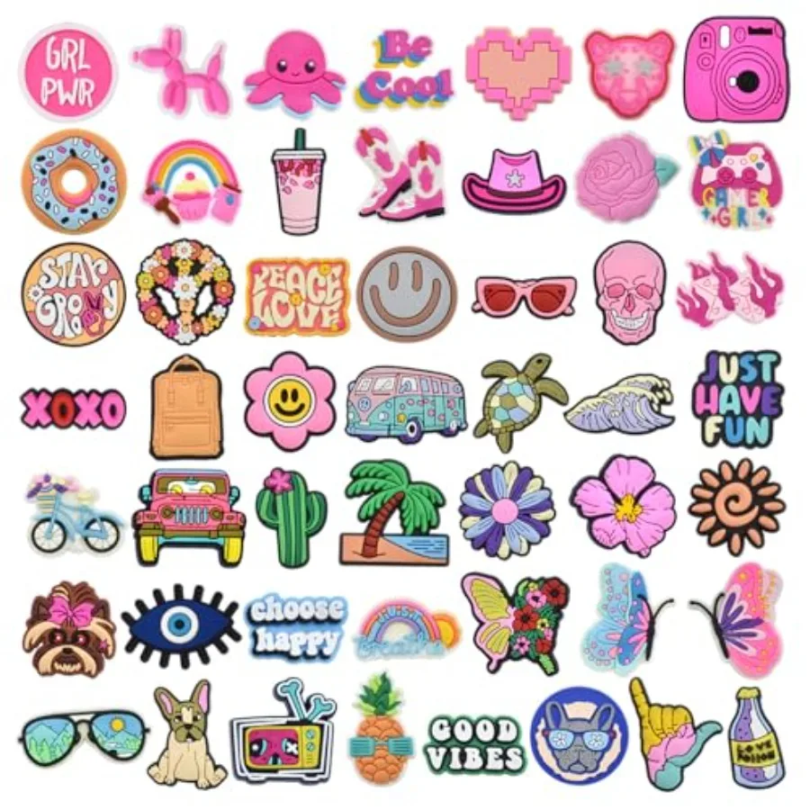 

50 Pcs Different Shoe Charms for Clog Shoe Decoration, Cute Preppy Hippie Charms for Girls Boys Teens Adults, Pink Charm for Sh