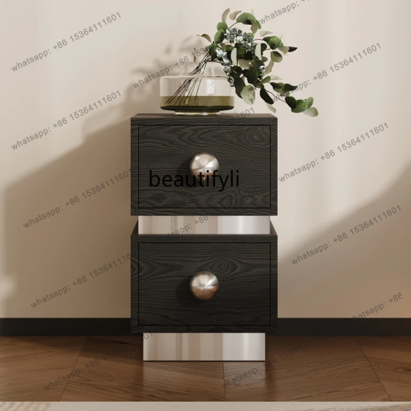 D30  solid wood bedside  retro small apartment 30 wide locker, minimalist stainless steel ultra-narrow bedside table