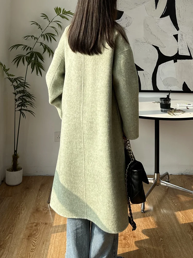 High-end Women Double-sided Wool Long Coat Warm Mulberry Silk Lapel Loose Double Breasted Wool Coat Female Fashion Autumn Winter