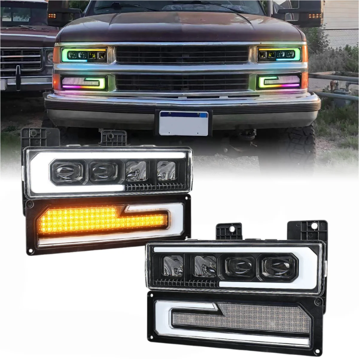 MOVOTOR LED Headlight Assembly with Multiple Color Halo for 88-98 Chevy GMC | OEM Fitment