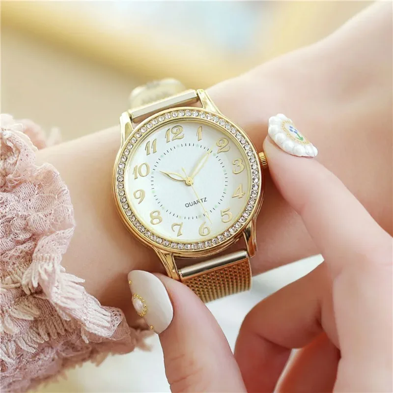 Fashion Business Luminous Watch for Women Light Luxury Mesh Band Rhinestone Quartz Wirstwatch Sk Часы Женские San Martin Store