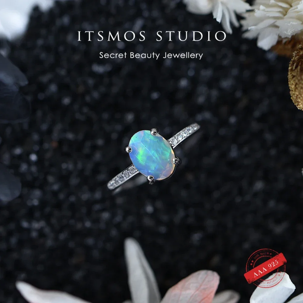 ITSMOS Natural Faceted Opal Ring S925 Sterling Silver Pave CZ Oval Opal Delicate Jewelry Rings Elegant Bands for Women Gift
