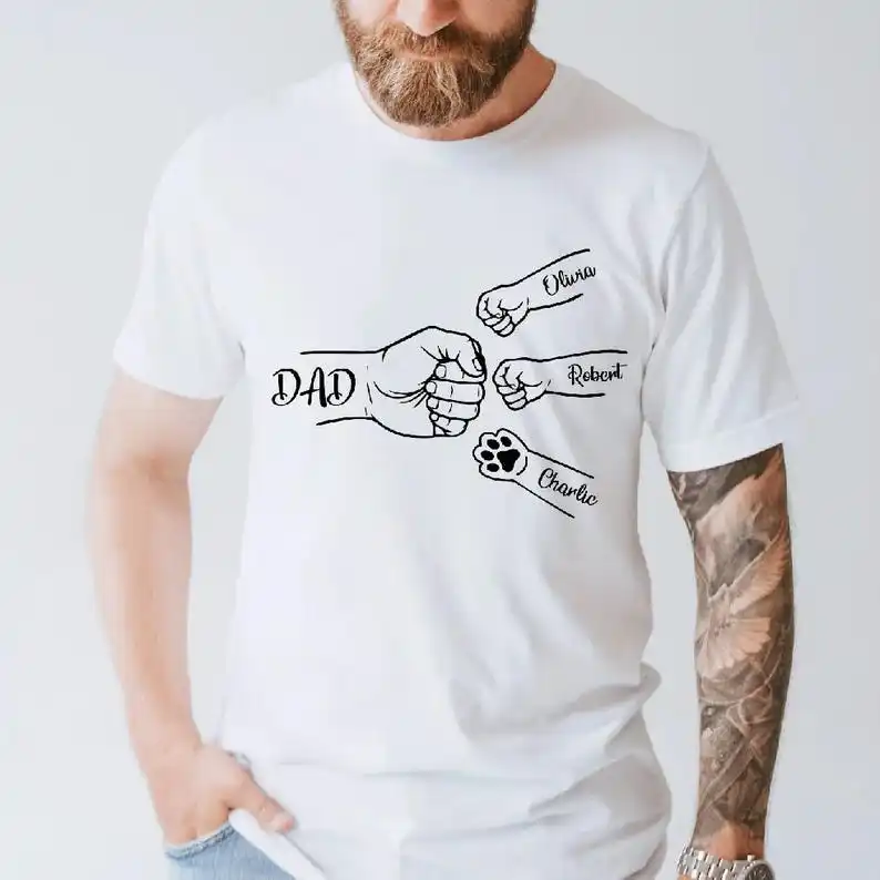 

Custom Dad Grandpa Shirt With Kids and Pet Names Fist Bump Paw Design Personalized Family Members Shirt Fashion Father Day Gift