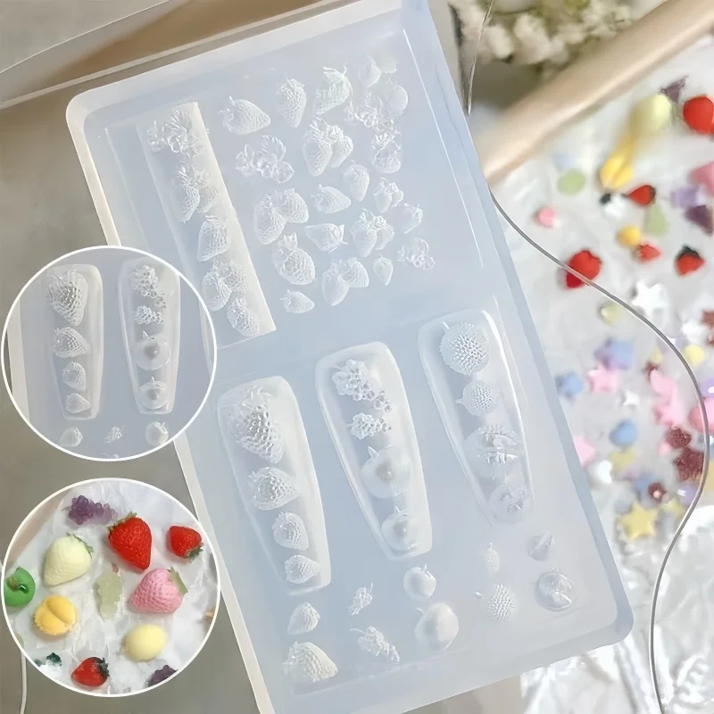 1 Pc Strawberry Nail Mold Fruit Grape Durian Cute 3D Nails Art Decorations DIY Silicone Nail Template Mold