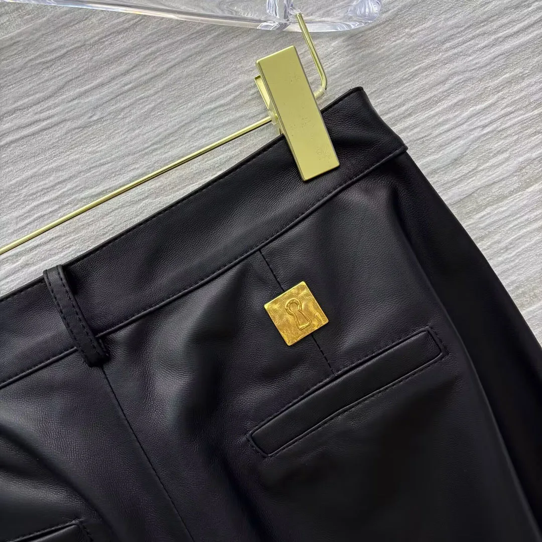 High Quality Black Soft 100% Sheepskin Wide Leg Pants Women High Waist Eye Button Gold Key Genuine Leather Loose Long Trousers