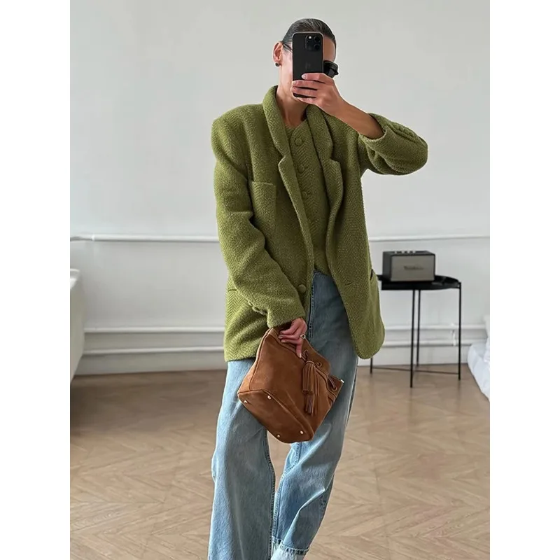 

Женское зеленое шерстяное пальто, повседневное однотонное короткое пальто с воротником с лацканами и длинными рукавами на одной пуговице, зимняя повседневная уличная верхняя одежда, новинка