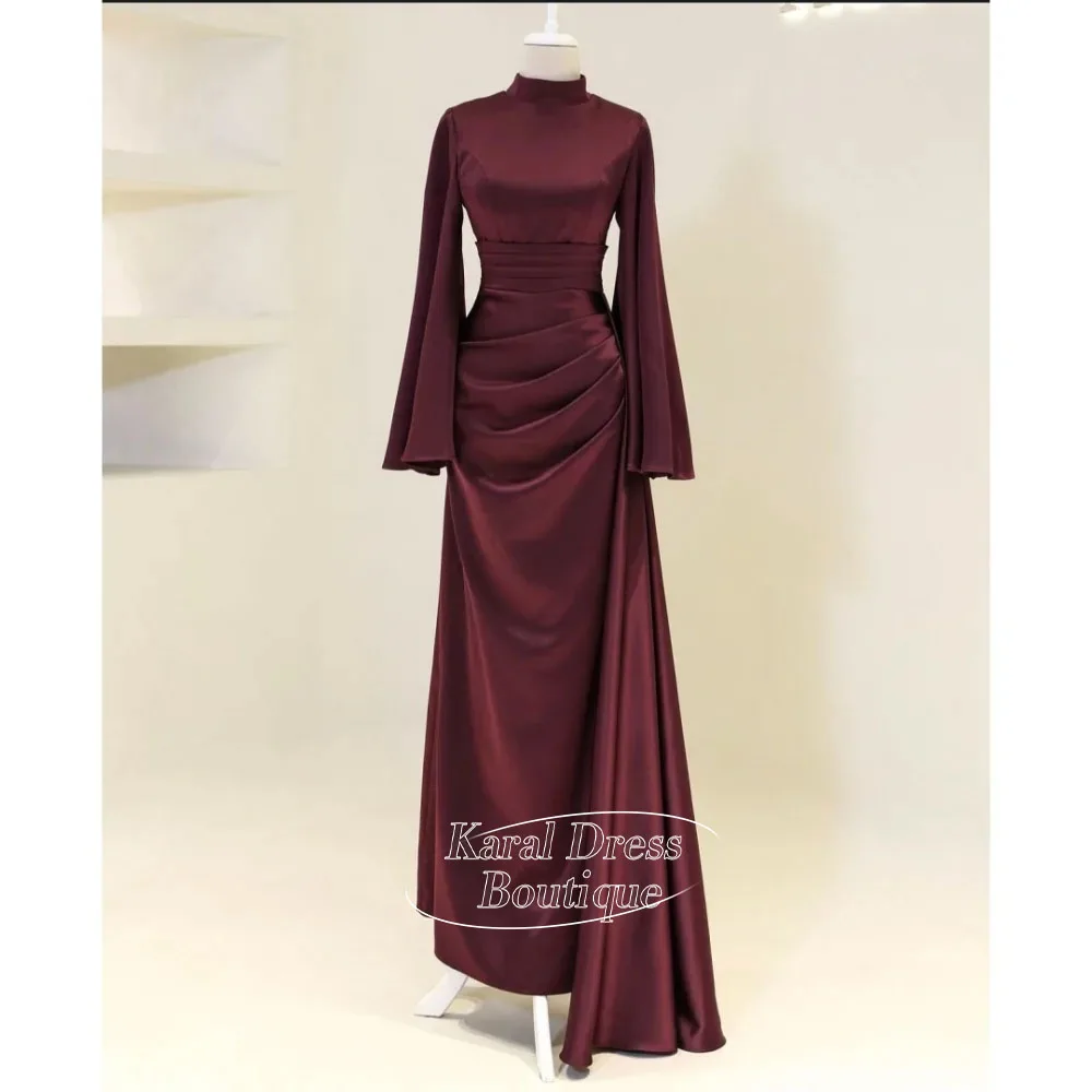

Dubai Customized Red Long Sleeves High Neck robes de soirée Satin Party Dresses Slightly Flared Sleeves A-line Prom Dress 2025