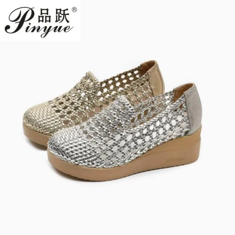 

Летние дышащие туфли с вырезами 5 см, женские сандалии на толстой подошве, на танкетке, из натуральной кожи, летние сандалии на платформе, размеры 34-43