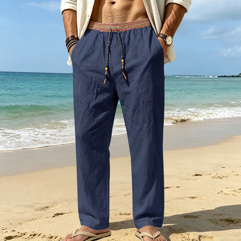 New Summer Men Linen Beach Pants Loose Bohemian Straight Leg Trousers Lightweight Breathable Casual Daily Pants for Man Summer。