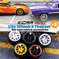 1/64 Wheels with Fixed Rubber Tires Pentagram Spoke for Toy Model Diecast Cars Refiting Parts for Hotwheels (5 sets for 5 Cars)