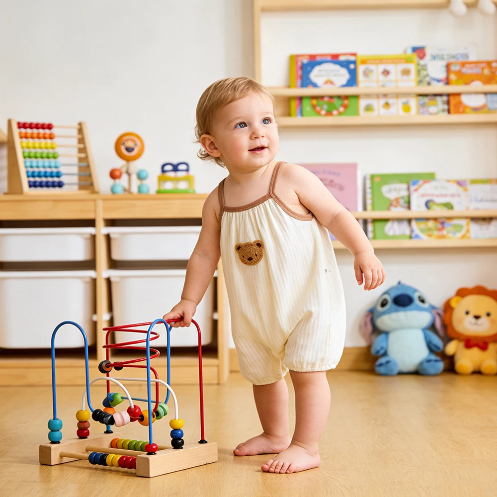 طفل الصيف تنفس البيج الحمالة حزام الكتف البني + 3D دمية دب الديكور بذلة لطيف