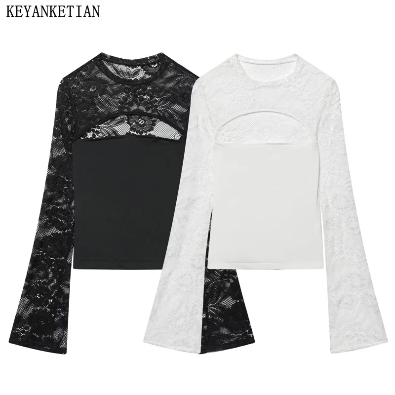 

KEYANKETIAN 2026 Весенняя новинка: Женская блузка с кружевными вставками, модный сексуальный топ с расклешенными рукавами и вырезом на груди, тонкий облегающий пуловер-футболка