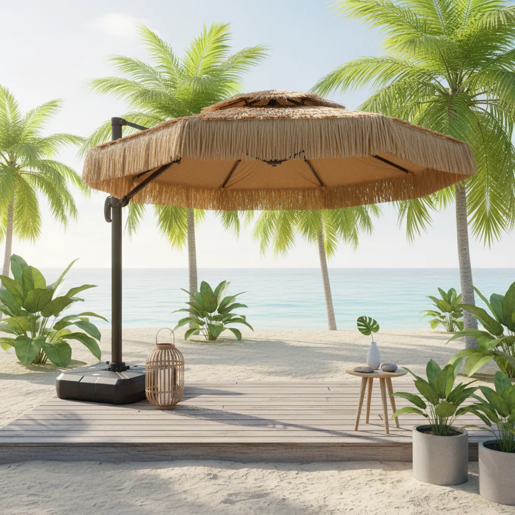 

Outdoor Patio Umbrella Aluminum Alloy Frame with Straw Style Canopy Villa & Commercial Sunshade 210kg Base for Outdoor Use