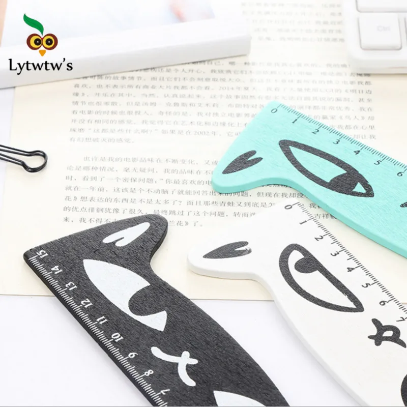 4 Piece Lytwtw\'s Cute Kawaii Black Cat Kitten Straight Ruler Wooden Tools Cartoon Drawing Office School Stationery Supplies