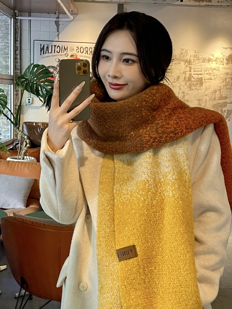 Cashmere scarf women's winter double-sided velvet thickened warm contrasting scarf Korean version atmosphere neck shawl