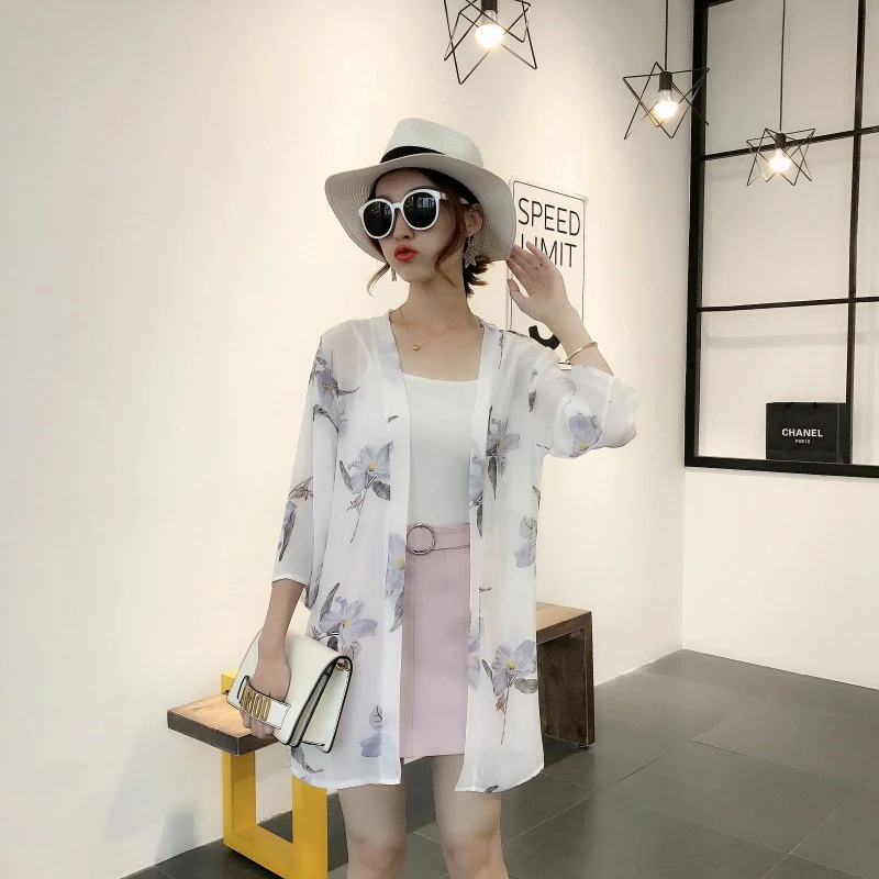 Women\'s Summer Coat Print Mid-length Cardigan Thin Anti-UV Sun Protection Clothing Chiffon Shirt Outerwear