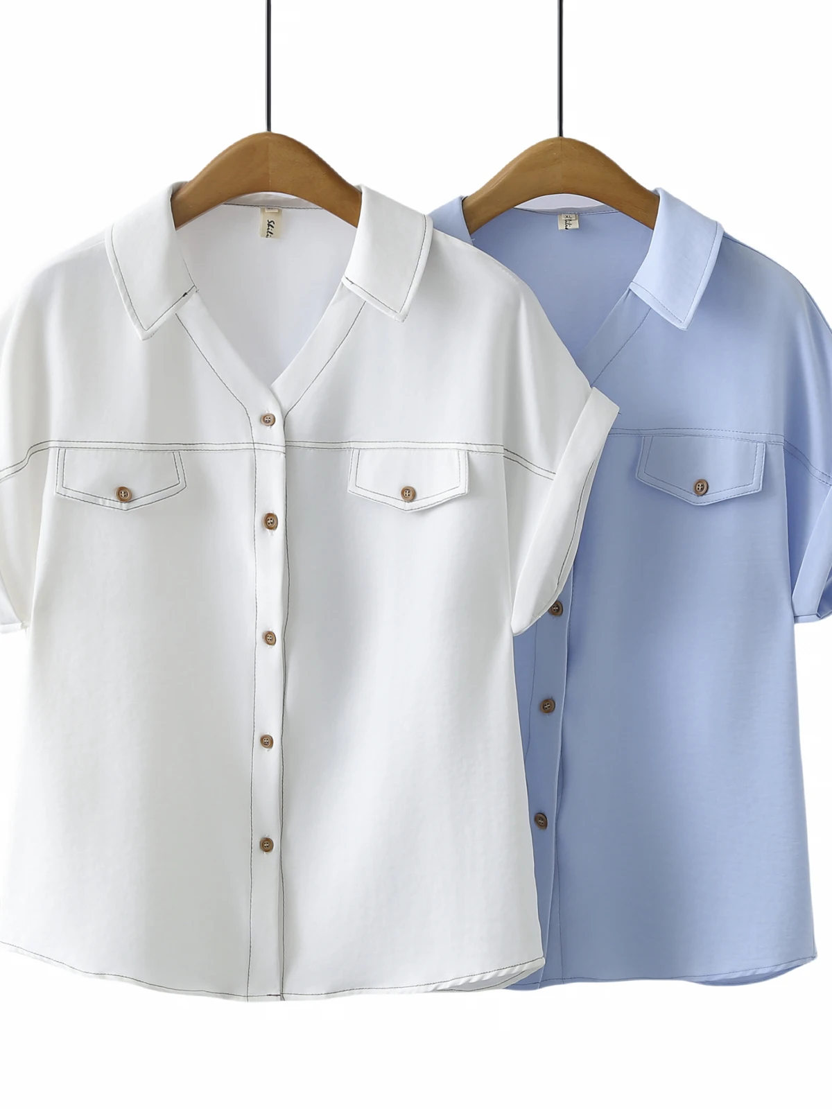 

plus Size Women's Summer Shirt Turn-down Collar Short Sleeve Stitched Shoulder Simple Top Large Clothes Comfortable Fit Blouse